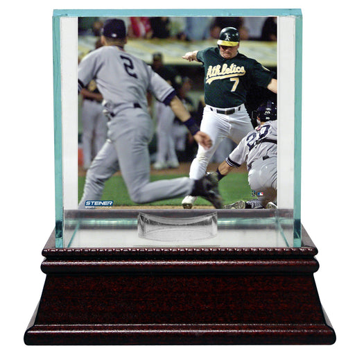 Derek Jeter Moments: The Flip Background Glass Single Baseball Case w/ Yankee Stadium Authentic Dirt & Nameplate