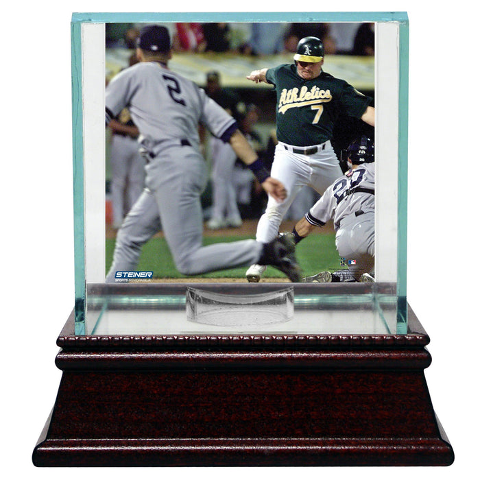 Derek Jeter Moments: The Flip Background Glass Single Baseball Case w/ Yankee Stadium Authentic Dirt & Nameplate