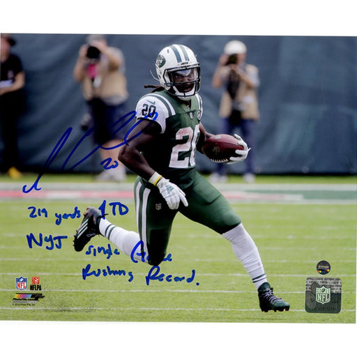 Isaiah Crowell Signed 'Rushing Vs Denver' 8x10 Photo w/ "219 Yards 1 TD, NYJ Single Game Rushing Record" Insc