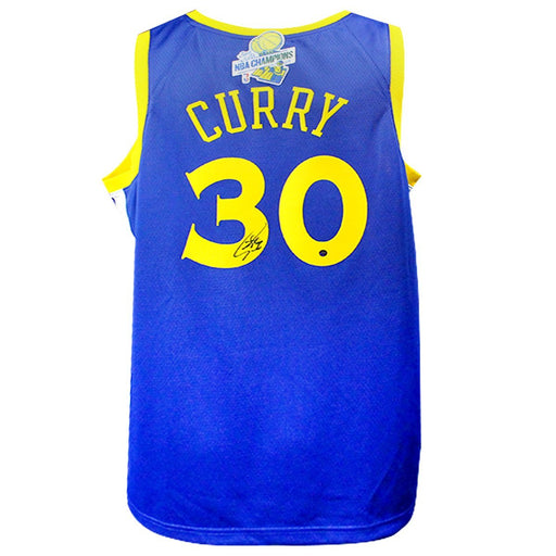 Stephen Curry Signed Golden State Warriors Nike Blue Swingman Jersey with 2017-18 Back To Back Champions Patch