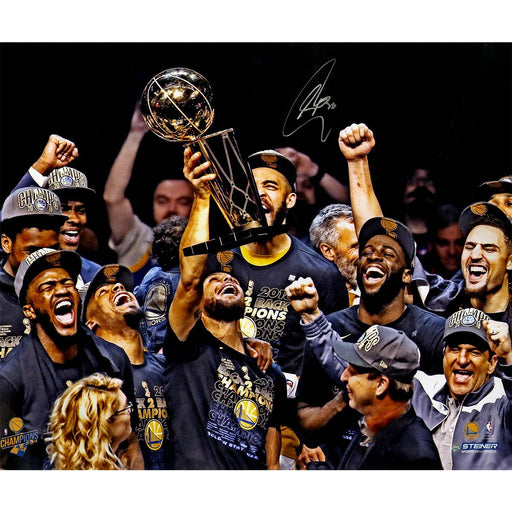 Stephen Curry Signed '2018 NBA Finals Champion Holding Trophy' 20x24 Photo (Signed in Silver) (L/E 30)