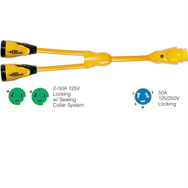 Marinco Y504-2-503 EEL (2)50A-125V Female to (1)50A-125-250V Male "Y" Adapter - Yellow