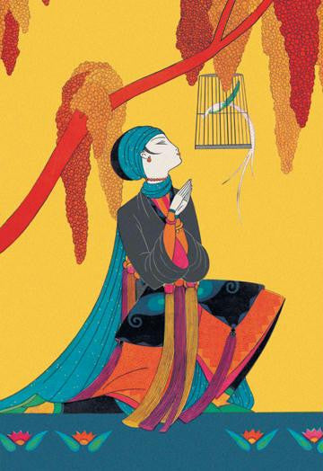 Bird and Kneeling Girl 24x36 Giclee