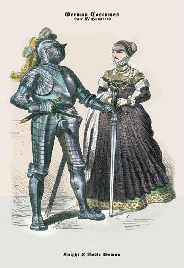 German Costumes: Knight with Sword and Noble Woman 24x36 Giclee