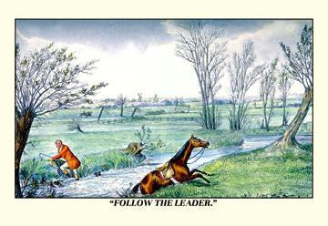 Horse and Rider Climb out of the Stream on Different Sides 24x36 Giclee