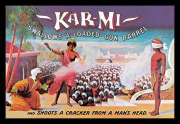 Kar-Mi Swallows a Loaded Gun Barrel and Shoots a Cracker from a Man&#39;s Head 28x42 Giclee on Canvas