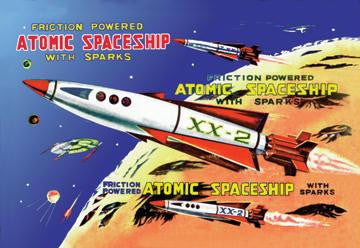 Friction Powered Atomic Spaceship with Sparks 28x42 Giclee on Canvas