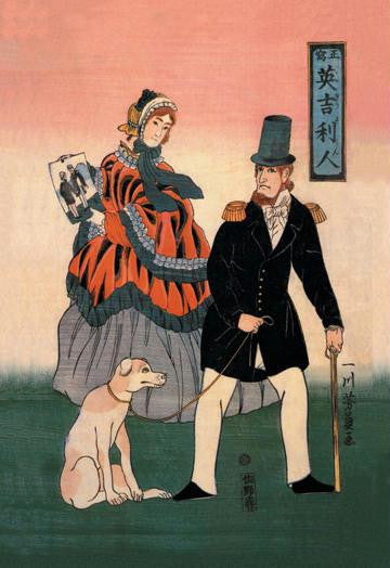 English Couple with Dog Look at Painting 28x42 Giclee on Canvas