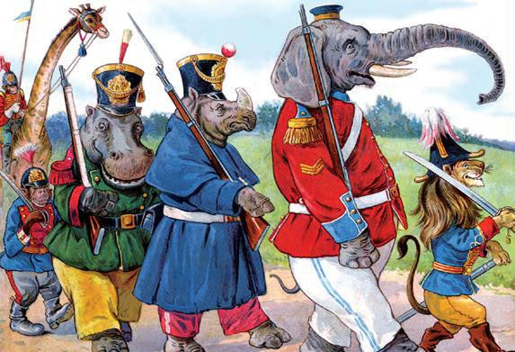 Animals March in Uniform 28x42 Giclee on Canvas