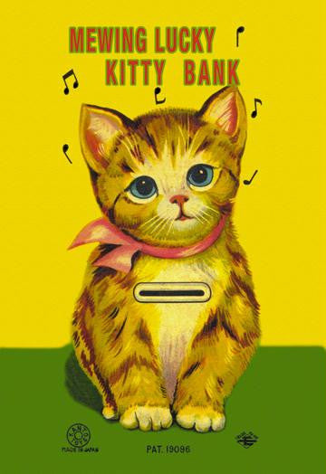 Mewing Lucky Kitty Bank 28x42 Giclee on Canvas