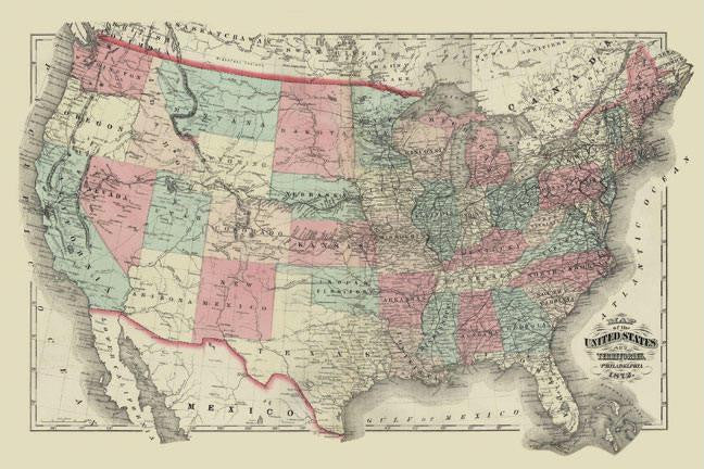 Map of the United States Territories 1872 28x42 Giclee on Canvas