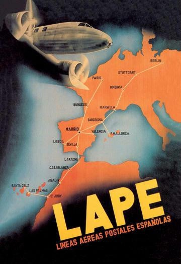 LAPE - Spanish Postal Airlines European Routes 12x18 Giclee on canvas