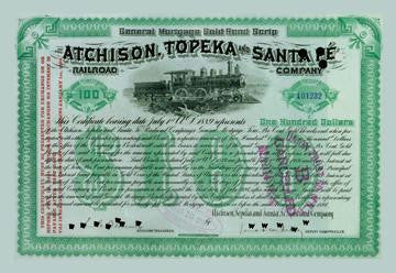 Atchison  Topeka and Santa Fe Stock Certificate 12x18 Giclee on canvas