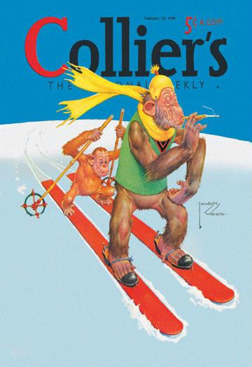 Skiing Monkeys 12x18 Giclee on canvas