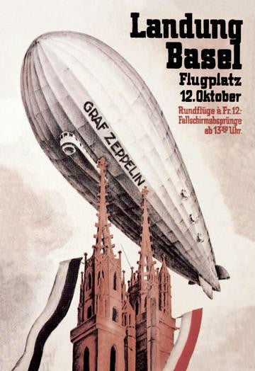 Graf Zeppelin Flies over the Cathedral in Basel Switzerland 12x18 Giclee on canvas