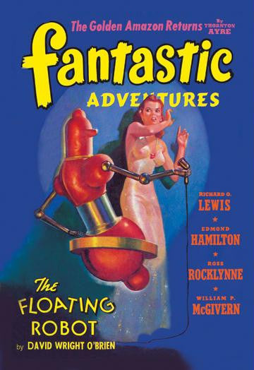 Fantastic Adventures: Floating Robot and Woman 12x18 Giclee on canvas