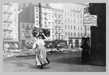 Immigrant Woman Walks Down Street Carrying a Pile of Clothing on Her Head 12x18 Giclee on canvas