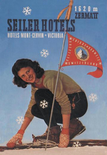 Seiler Hotel: Woman Adjusting Skis 12x18 Giclee on canvas