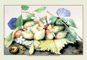 A Dish of Plums with Jasmine and Walnuts 12x18 Giclee on canvas