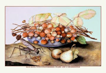 Bowl of Strawberries  Pears and a Grasshopper 12x18 Giclee on canvas