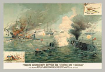 The First Encounter of Ironclads Monitor and Merrimac 12x18 Giclee on canvas