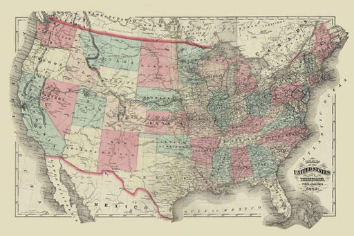 Map of the United States Territories 1872 12x18 Giclee on canvas