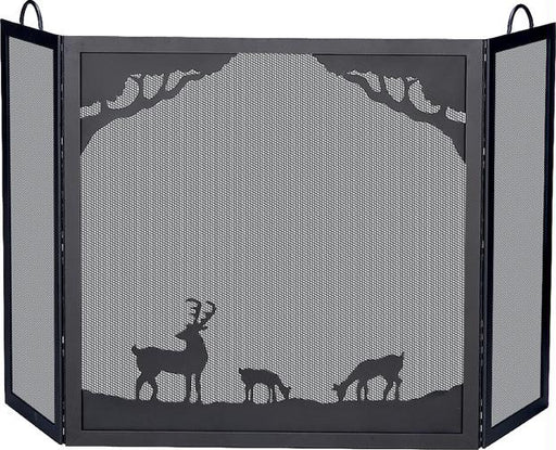 Deluxe 3-panel Black W.I. Screen With Deer In Forest Scene