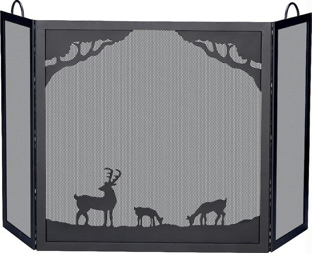 Deluxe 3-panel Black W.I. Screen With Deer In Forest Scene