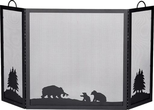 DELUXE 3 PANEL BLACK WROUGHT IRON FIREPLACE SCREEN WITH HUNTING BEAR SCENE