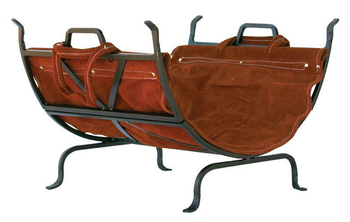 Olde World Iron Log Holder With Suede Leather Carrier