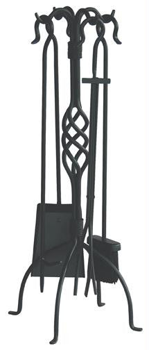 5 Pc Black Wrought Iron Fireset With Center Weave