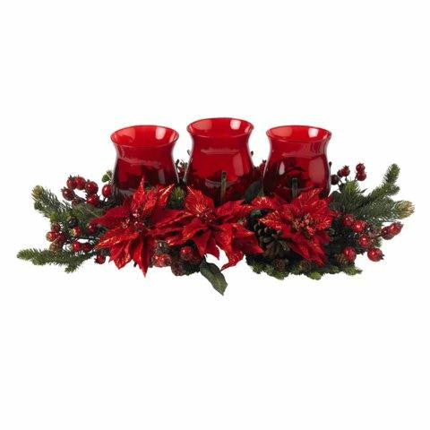 Poinsettia and Berry Triple Candleabrum