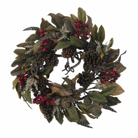 24 Inch Pinecone Berry and Feather Wreath