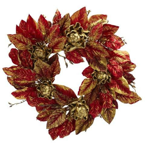 24 Inch Burgundy and Gold Artichoke Wreath