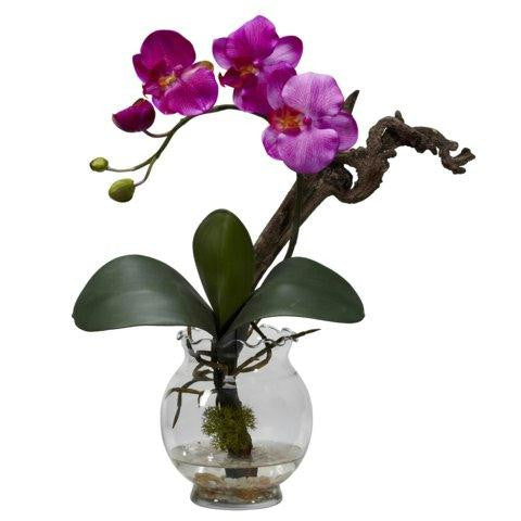 Purple Mini Phalaenopsis w-Fluted Vase Silk Flower Arrangement