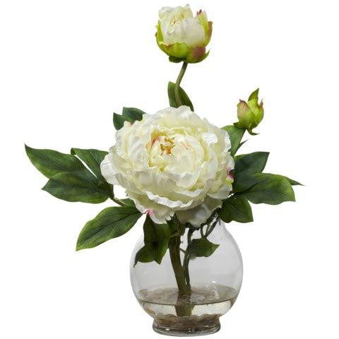 White Peony w-Fluted Vase Silk Flower Arrangement