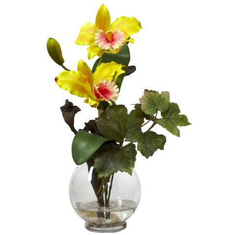 Yellow Mini Cattleya w-Fluted Vase Silk Flower Arrangement