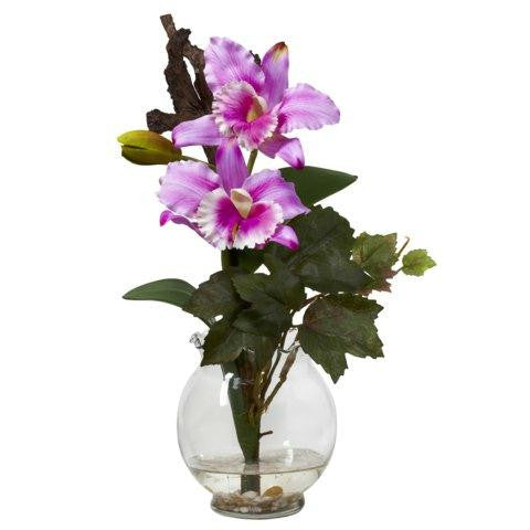 Lavender Mini Cattleya w-Fluted Vase Silk Flower Arrangement