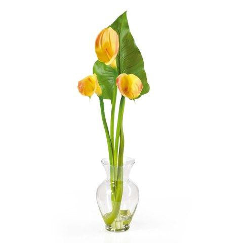 Yellow Calla Lilly Liquid Illusion w-Leaf Silk Flower Arrangement