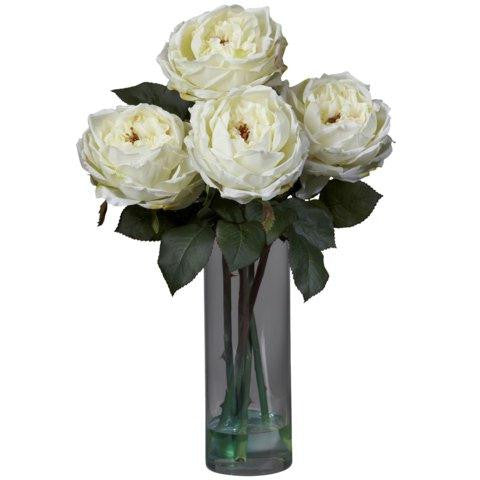 White Fancy Rose w-Cylinder Vase Silk Flower Arrangement