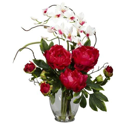 Red Peony and Orchid Silk Flower Arrangement