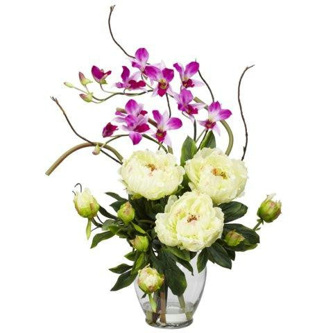 White Peony and Orchid Silk Flower Arrangement