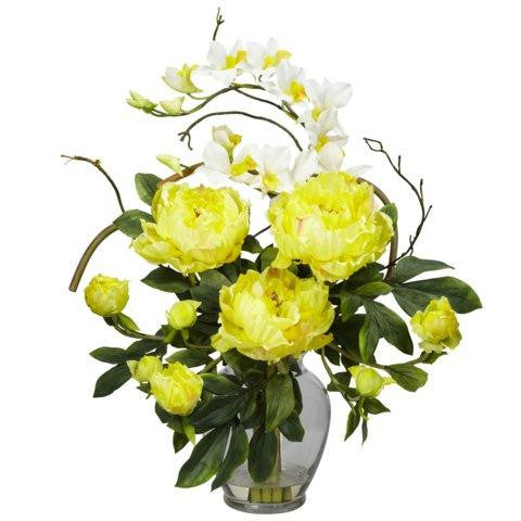 Yellow Peony and Orchid Silk Flower Arrangement