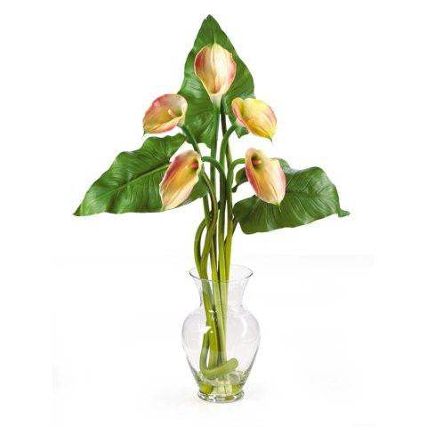 Pink Calla Lilly Liquid Illusion w-Leaves Silk Flower Arrangement