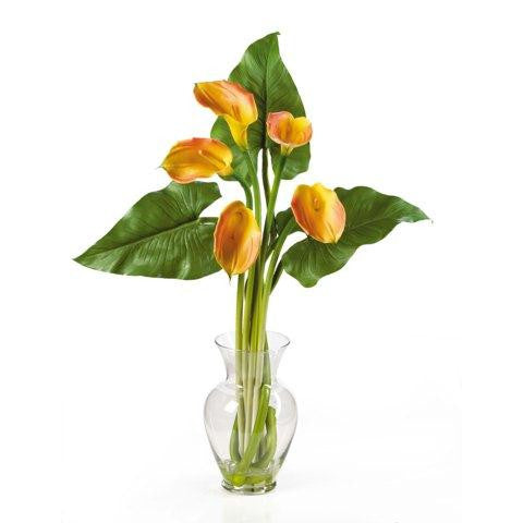 Yellow Calla Lilly Liquid Illusion w-Leaves Silk Flower Arrangement