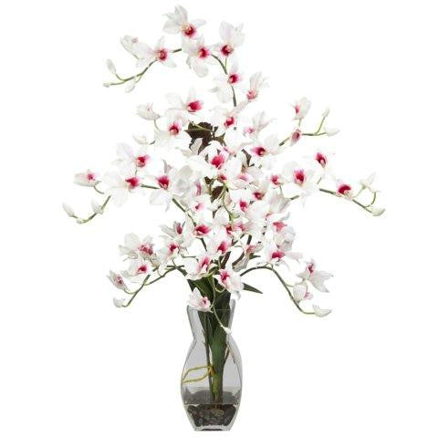 White Dendrobium w-Vase Silk Flower Arrangement