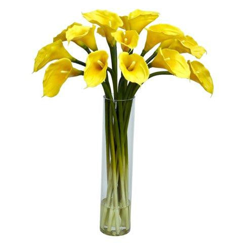 Yellow Calla Lilly w-Cylinder Silk Flower Arrangement