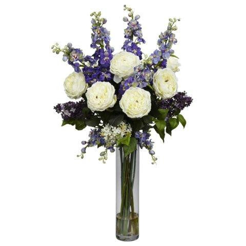 Purple Rose Delphinium and Lilac Silk Flower Arrangement