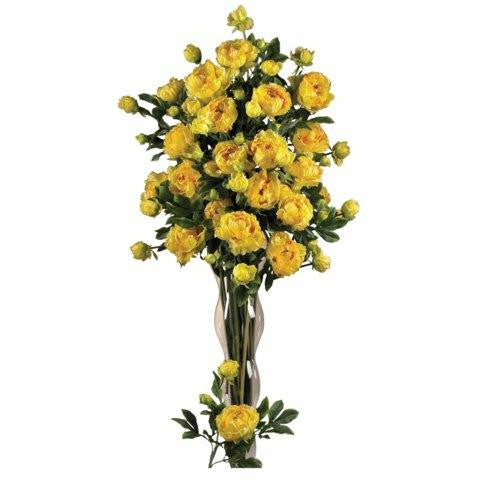 Yellow 38.5 Inch Peony w-Leaves Stem (Set of 12)