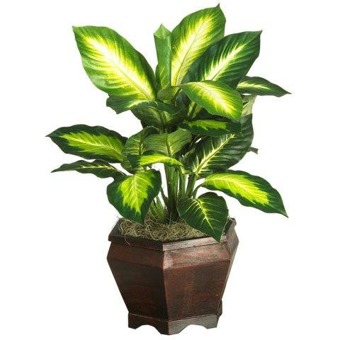 Golden Dieffenbachia w-Wood Vase Silk Plant